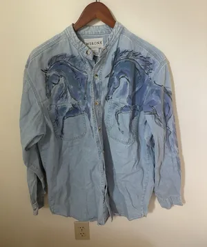 Vintage Denim Shirt Womens M Handpainted Horses Button Down Long Sleeve Merona thumbnail 1