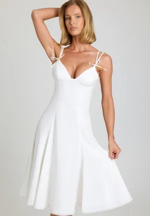 Oh Polly Mallory Bow-Detail A-Line Midi Dress in White Size 14 New thumbnail 1