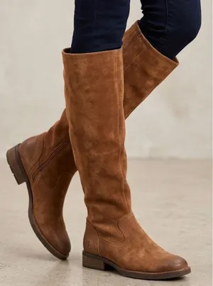 Born Malena‎ Tan Suede Leopard Print Cuff Tall Boots Back Zip 5.5M thumbnail 1
