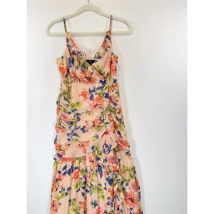 Lulus Dress Blush Pink Stunning Soiree Floral Ruched Midi V Neck Chiffon Small thumbnail 6