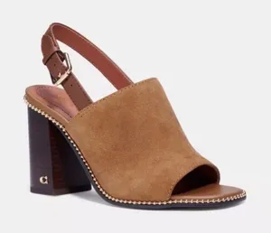 Coach Suede Block Heel Sandals Tan Brown Slingback Beaded Trim Womens Size 5.5 thumbnail 1
