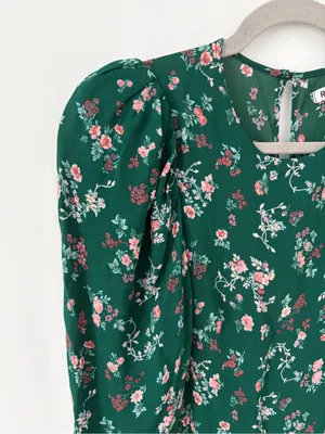 Reformation Juni Long Sleeve Emerald Green Floral Mini Dress Boho Cottage Core 2 thumbnail 3