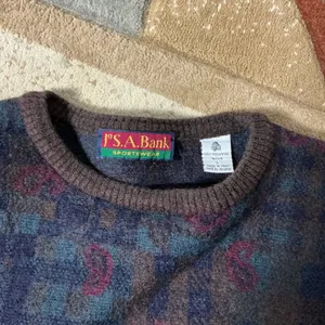 Jos. A. Bank Vintage Paisley Wool Sweater Women L Brown Blue Geometric Italy thumbnail 2