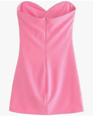Zara Strapless Sweetheart Neck Ruched Mini Dress Bubble Gum Pink Medium thumbnail 1