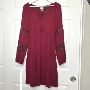 Old Navy Womens Burgundy Dress Long Sleeve Lace Detail Tassel Tie Size‎ L thumbnail 2
