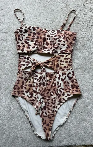 AERIE Brown and Cream Patterned One-Piece Size Small thumbnail 1
