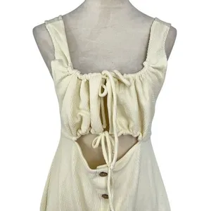 Free People Beach Cream Ribbed Cut Out Button Front Summer‎ Mini Dress Large thumbnail 2