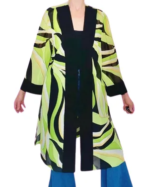 Vintage Green Black Abstract Edgy Art Open Long Sheer Cardigan thumbnail 1