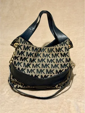 Michael Kors MK Signature Jacquard Hobo Shoulder Bag Black Beige Gold thumbnail 1