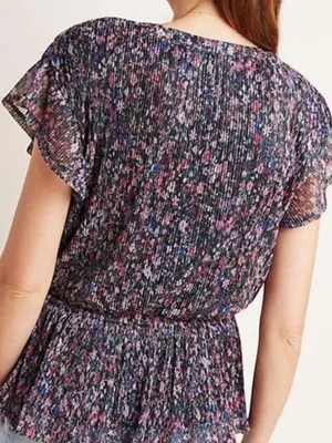 Anthropologie Dionne Metallic Ditsy Floral Blouse Large Peplum Faux Wrap thumbnail 2