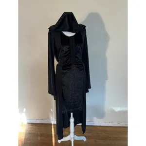 Gothic Hooded Maxi Dress Black Velvet Bell Sleeve Medieval Witchy Gown M/L thumbnail 3