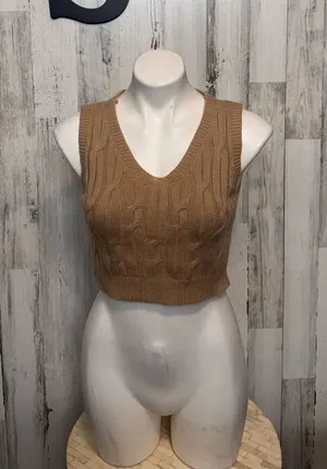 Camel Beige Cable Knit V-Neck Cropped Sweater Vest Women's Size Small thumbnail 1