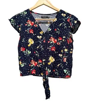 Bershka Navy Floral Polka Dot Tie‎ Front Top XS V-Neck Girly Summer Blouse thumbnail 1