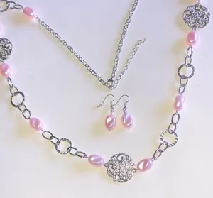 Silver Tone Filigree & Pink Faux Pearl Necklace and Earring Set thumbnail 1