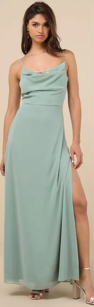 Lulus Eliora Sage Green Lace Cowl Neck Chiffon Maxi Dress Size Small NWT Formal thumbnail 1