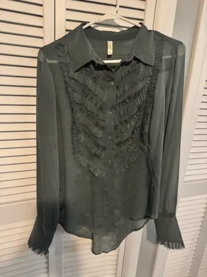 Free people Sheer Ruffled Button-Front Women's Top - Dark Green thumbnail 1