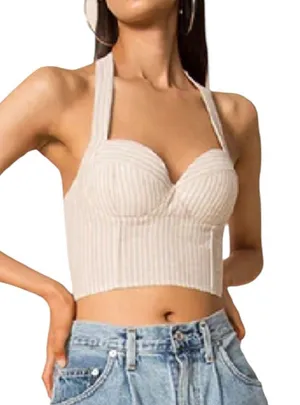 Revolve Superdown Rudy Halter Top Beige White Striped Womens Medium NEW With Tag thumbnail 1