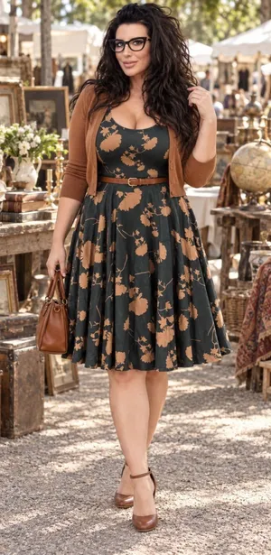 LuLaRoe Nicole Floral Fit Flare Dress XL Black Gold Tan Scoop Neck Skater Midi thumbnail 1