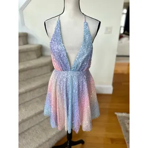 Hello Molly Pastel Rainbow Sequin Purple Blue Pink Mini Plunge Skater Dress thumbnail 3