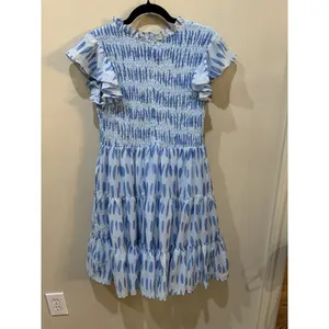 J Marie Dress Abstract Polka‎ Dot White Blue Smocked Size Large Flutter Sleeve thumbnail 3