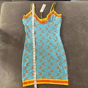 Women’s Blue BodyCon Mini Dress Crescent Pattern Adjustable Straps Size M NWT thumbnail 6