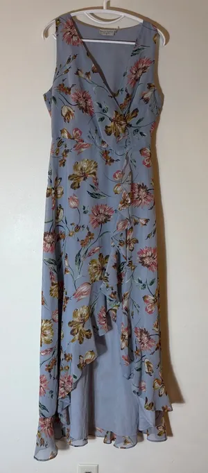 Dress Forum‎ Floral High Low Maxi Dress Surplice Neck Blue Size Medium thumbnail 1