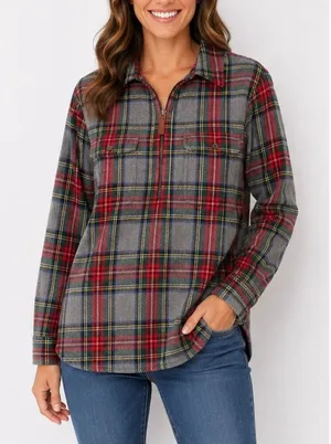 L.L. Bean relaxed fit flannel pullover zip up sweater large thumbnail 1