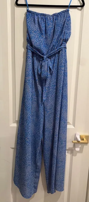 NWT She + Sky Blue Printed Strapless Wide-Leg Jumpsuit thumbnail 1