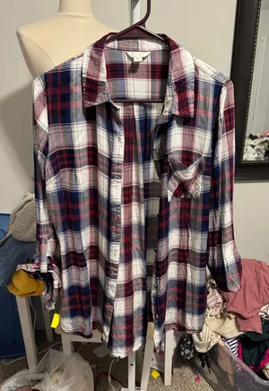 Women’s Plaid Button-Down Shirt - Navy, Burgundy & White thumbnail 1