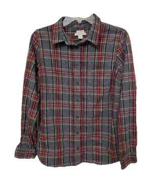 L.L. Bean Gray Stewart Plaid Flannel Slightly Fitted Shirt Womens Size Medium thumbnail 1
