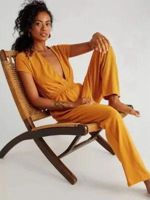 Free People Beach Rita One Piece Mustard Yellow Plunge Terry Jumpsuit Size Small thumbnail 1