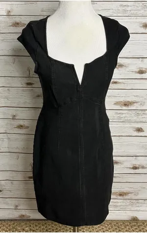 Free People black sheath dress Medium notch/split V neck bodycon minimalist LBD thumbnail 1