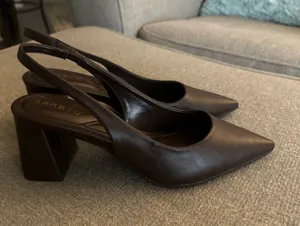BAMBOO Dark Brown Pointed Toe Sling Back Heels thumbnail 1