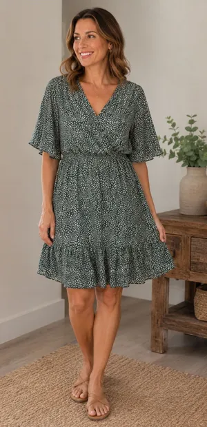 Kirundo Green and White Floral Print Knee Length Dress‎ Cottagecore Ruffle SZ L thumbnail 1