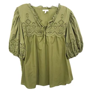 Maurices XXL Top Eyelet Blouse Peasant Top Puff Sleeve‎ Olive Green 907 thumbnail 2