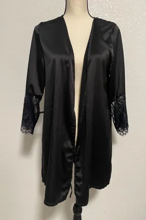 Coquette Womens Short Satin Black Robe with Eyelash Lace Sleeves One Size thumbnail 2