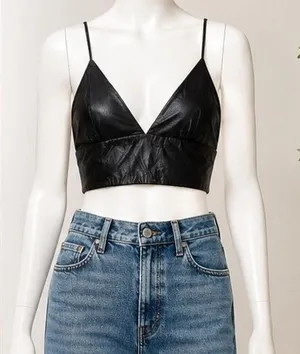 Signature 8 Womens Bralette Top Black Faux Leather V-Neck Edgy Large thumbnail 1