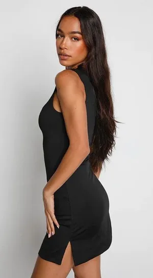 Tiger Mist Black Simple Elegant Hugo Bodycon Flare Dress thumbnail 2