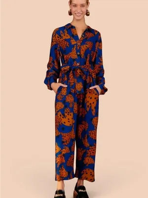 Farm Rio Banana Blue & Brown Printed Jumpsuit with Tie Waist Size Small thumbnail 2