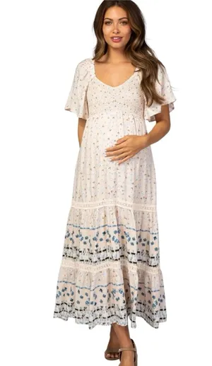 Pinkblush Boho Floral Smocked Maternity Midi Dress Small Light Pink Short Sleeve thumbnail 1