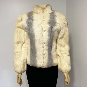 Vintage Rabbit‎ Fur Jacket Cream Grey Striped Button Front Coat Womens Medium thumbnail 3