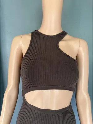 Zara Brown Ribbed Cutout Midi Dress Size Small thumbnail 3