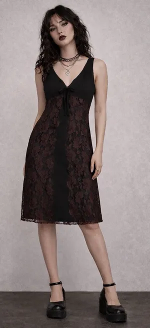 Vintage 90s Y2K Black Brown Lace Slip Dress Dark Romantic Whimsigoth Goth Sz M thumbnail 1