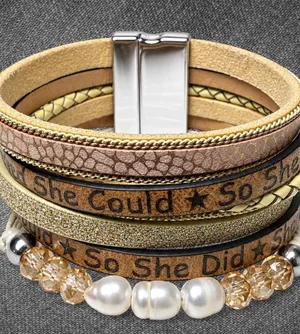 Multi Strand Tan Gold Pearl Statement Wrap Bracelet Brown thumbnail 1