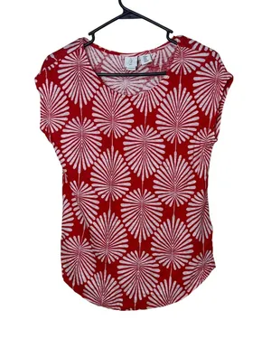 Joie Womens Red White Palm Leaf Print 100% Linen Scoop Neck Cap Sleeve‎ Top M thumbnail 1