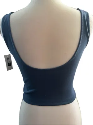 Roxy Blue Ribbed Scoop Crop Tank with Tropical Graphic thumbnail 5