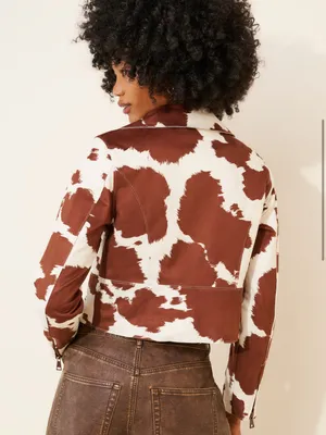 Hutch Brown & White Cow Print Vegan Suede Leather Moto Jacket Size XS thumbnail 14