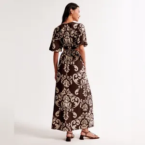 Abercrombie & Fitch Short Puff Sleeve Cutout Maxi Dress Brown Tan Floral Pattern thumbnail 4