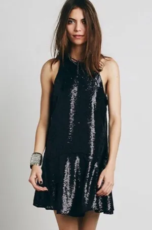 Free People night out Black Sequined Liquid Shine Party sleeveless halter dress thumbnail 1