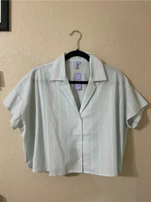 New Florence By Mills Cotton Stripe Short Sleeve Button Top Size Small Seagrass thumbnail 8